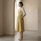 Light Yellow 100% Cotton V-Neck Pinafore Midi Wrap Dress