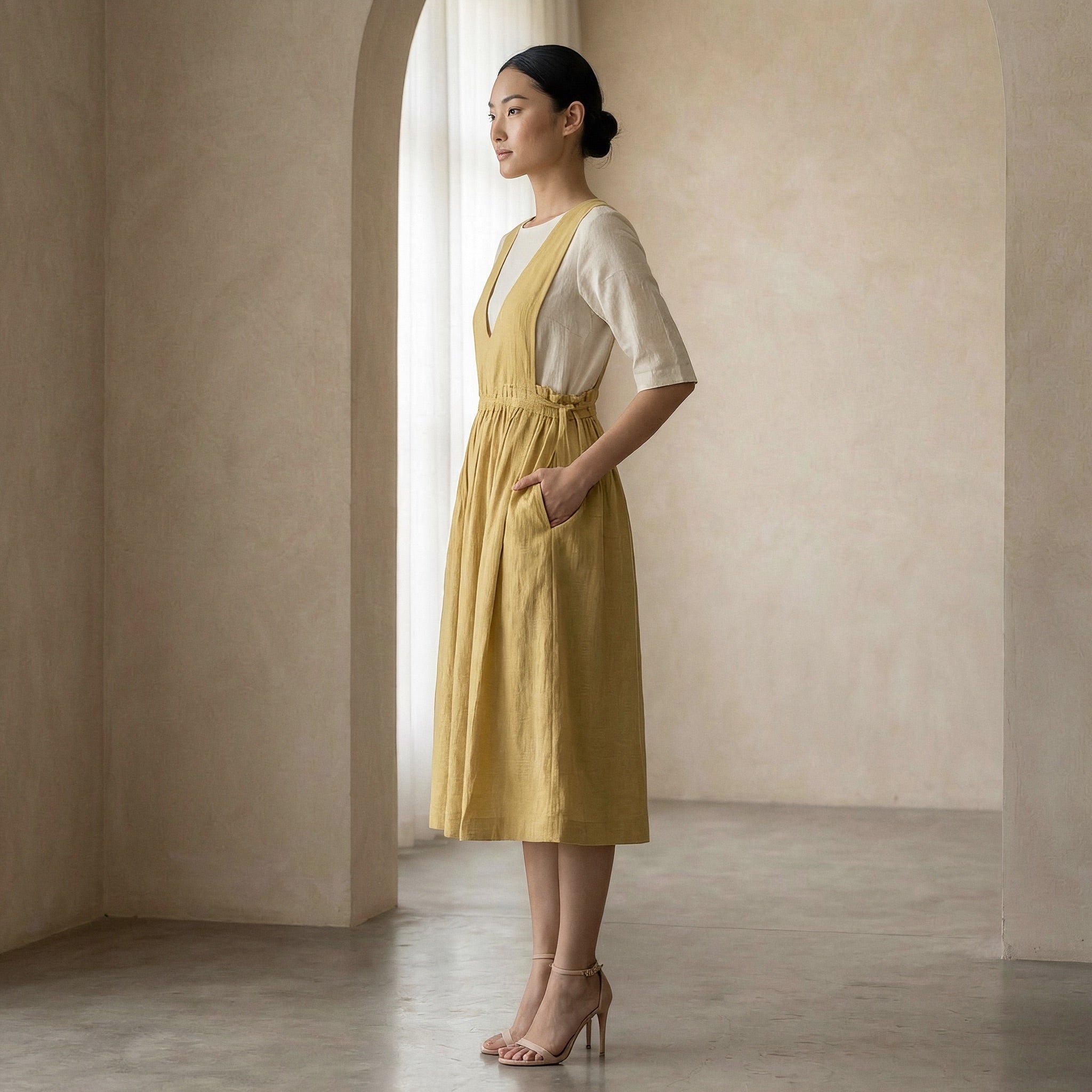 Light Yellow 100% Cotton V-Neck Pinafore Midi Wrap Dress