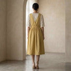 Light Yellow 100% Cotton V-Neck Pinafore Midi Wrap Dress