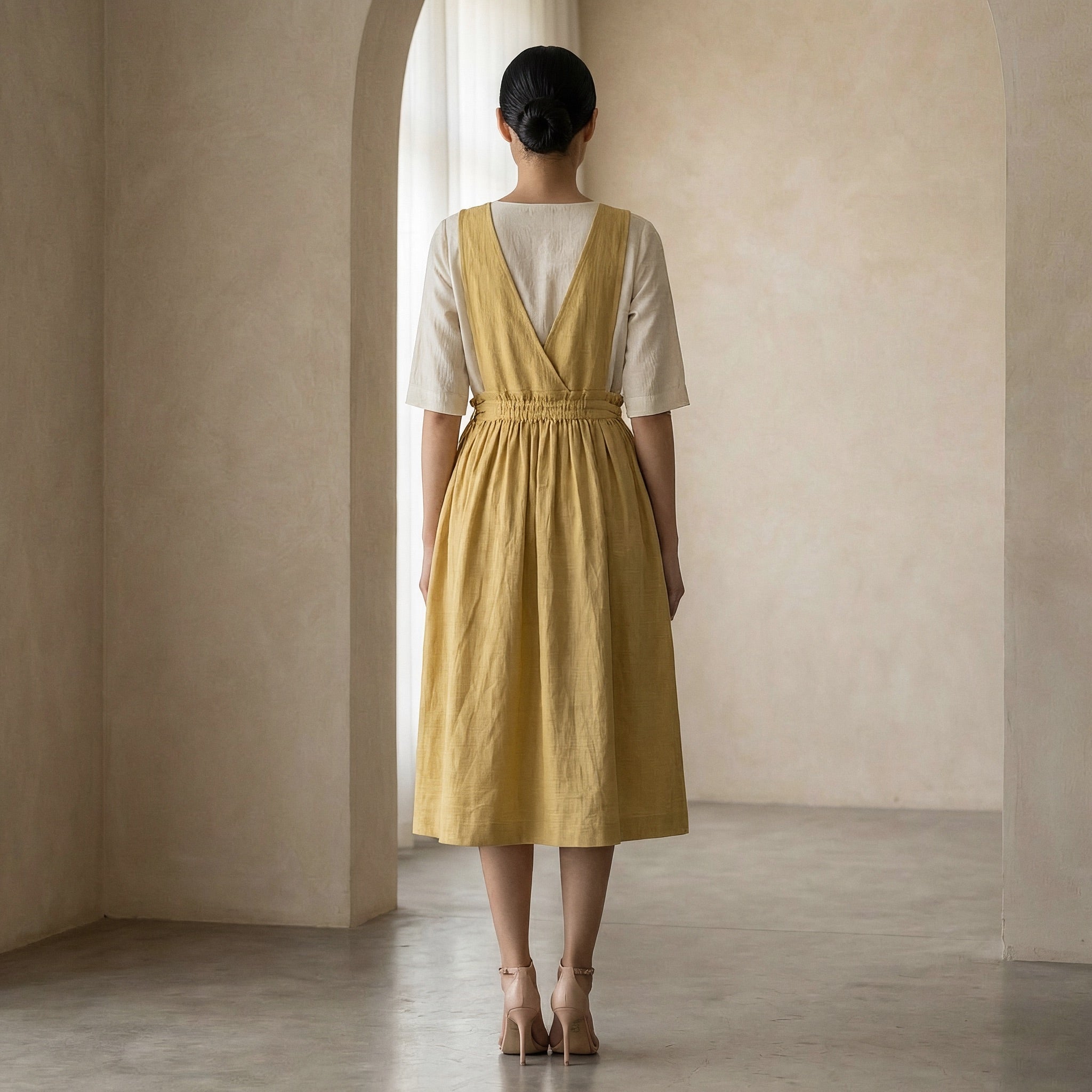 Light Yellow 100% Cotton V-Neck Pinafore Midi Wrap Dress