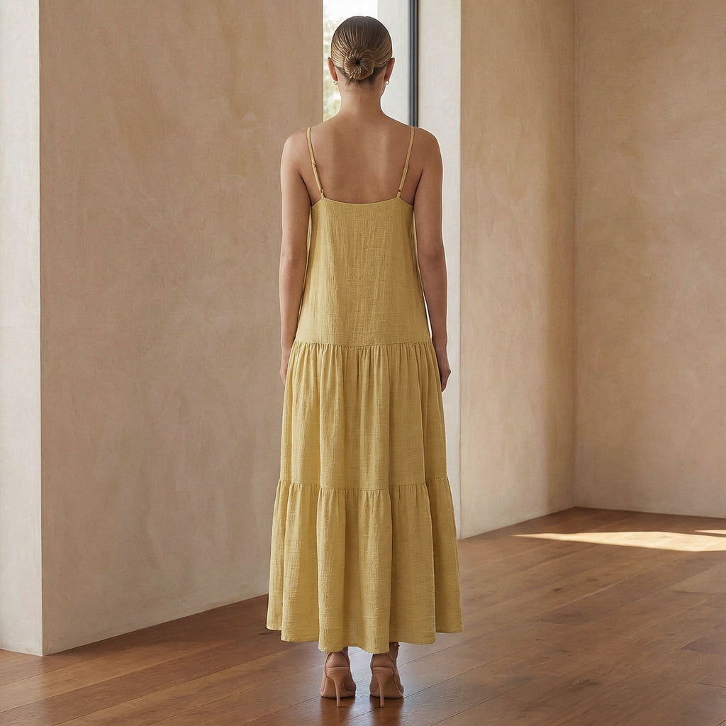 Light Yellow Cotton Drop-Waist Camisole Maxi Tier Dress