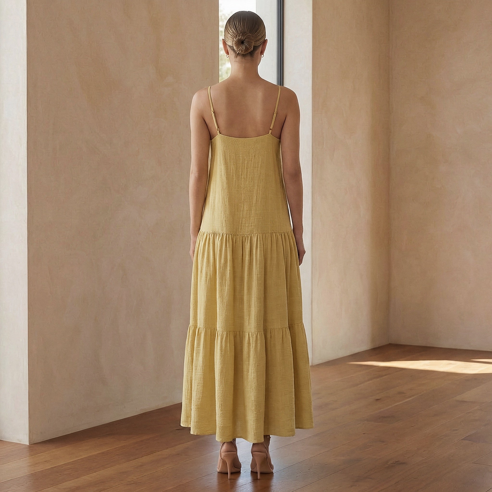 Light Yellow Cotton Drop-Waist Camisole Maxi Tier Dress