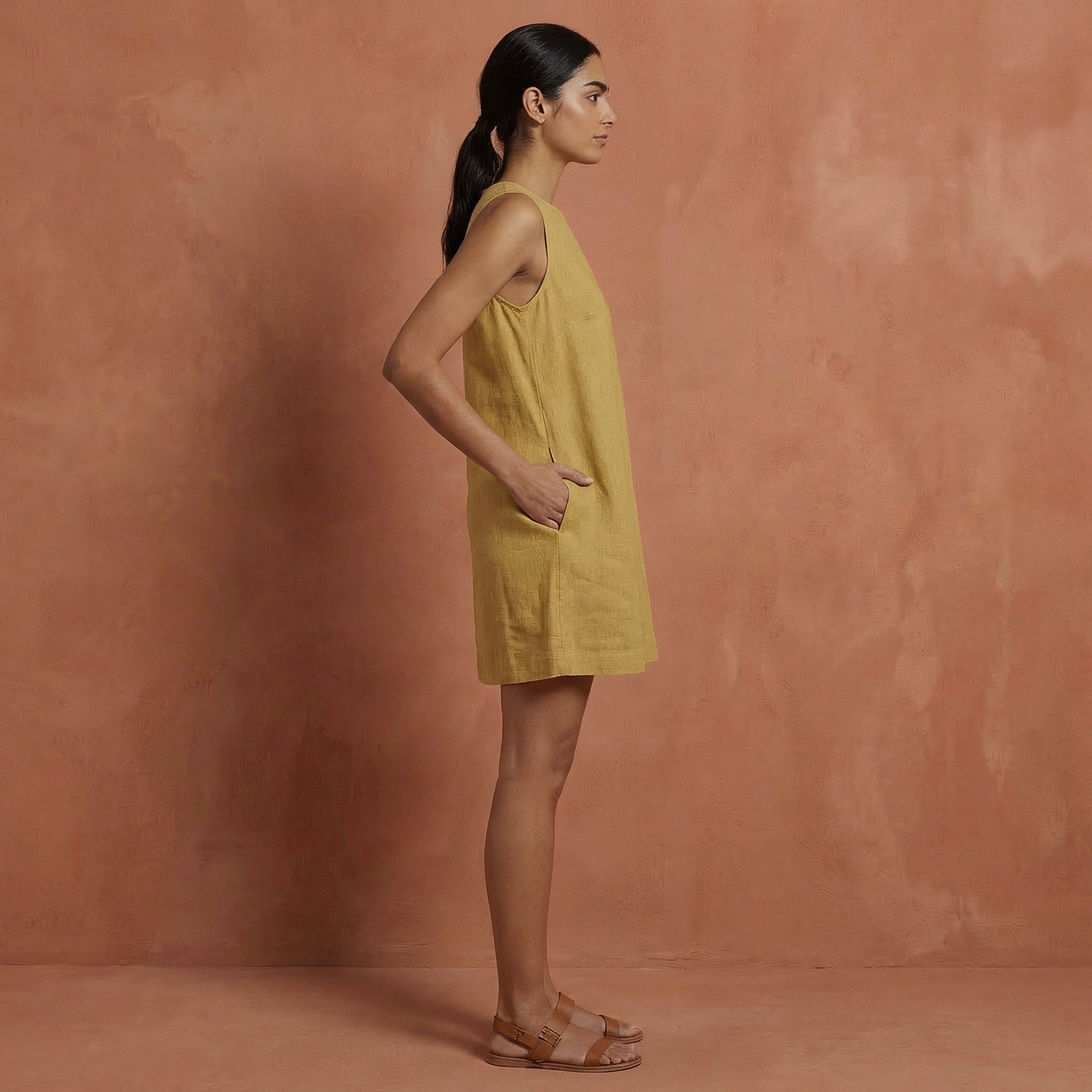 Light Yellow Cotton Sleeveless A-Line Short Shift Dress