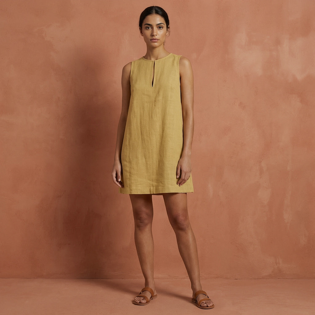 Light Yellow Cotton Sleeveless A-Line Short Shift Dress