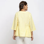 Back View of a Model wearing Light Yellow Cotton Button-Down Top