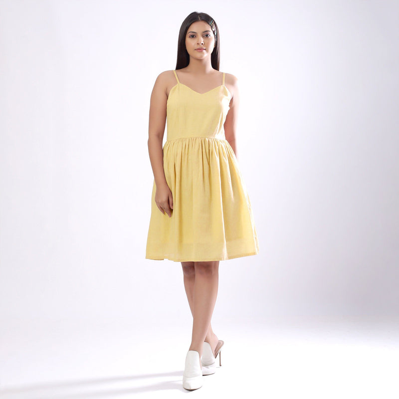 Front View of a Model wearing Light Yellow Handspun Camisole Dress