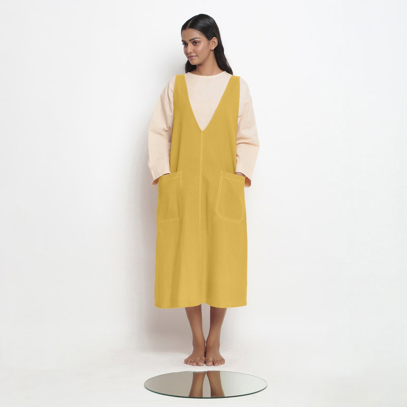 Front View of a Model wearing Light Yellow Handspun Cotton Deep Neck Shift Dress