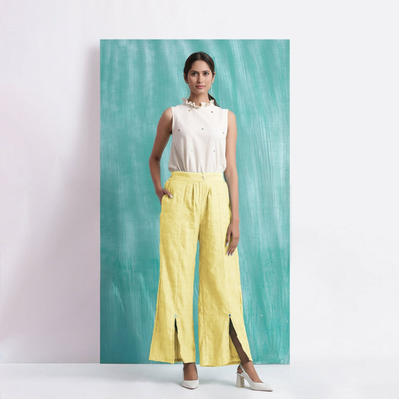 Light Yellow Handspun Cotton Elasticated Mid-Rise Wide Legged Pant