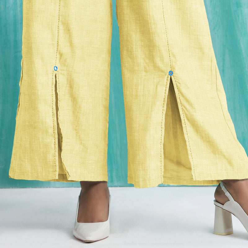 Light Yellow Handspun Cotton Elasticated Mid-Rise Wide Legged Pant