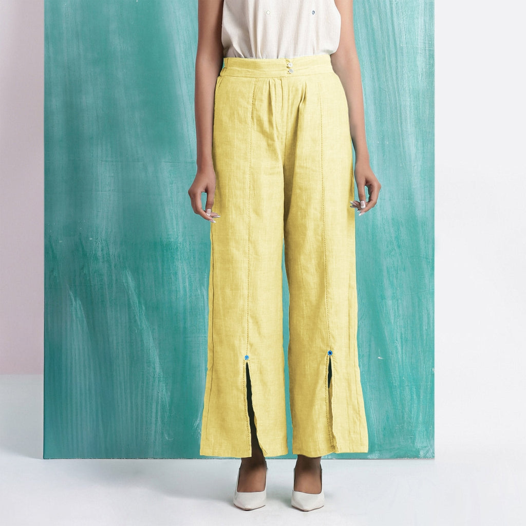 Light Yellow Handspun Cotton Elasticated Mid-Rise Wide Legged Pant