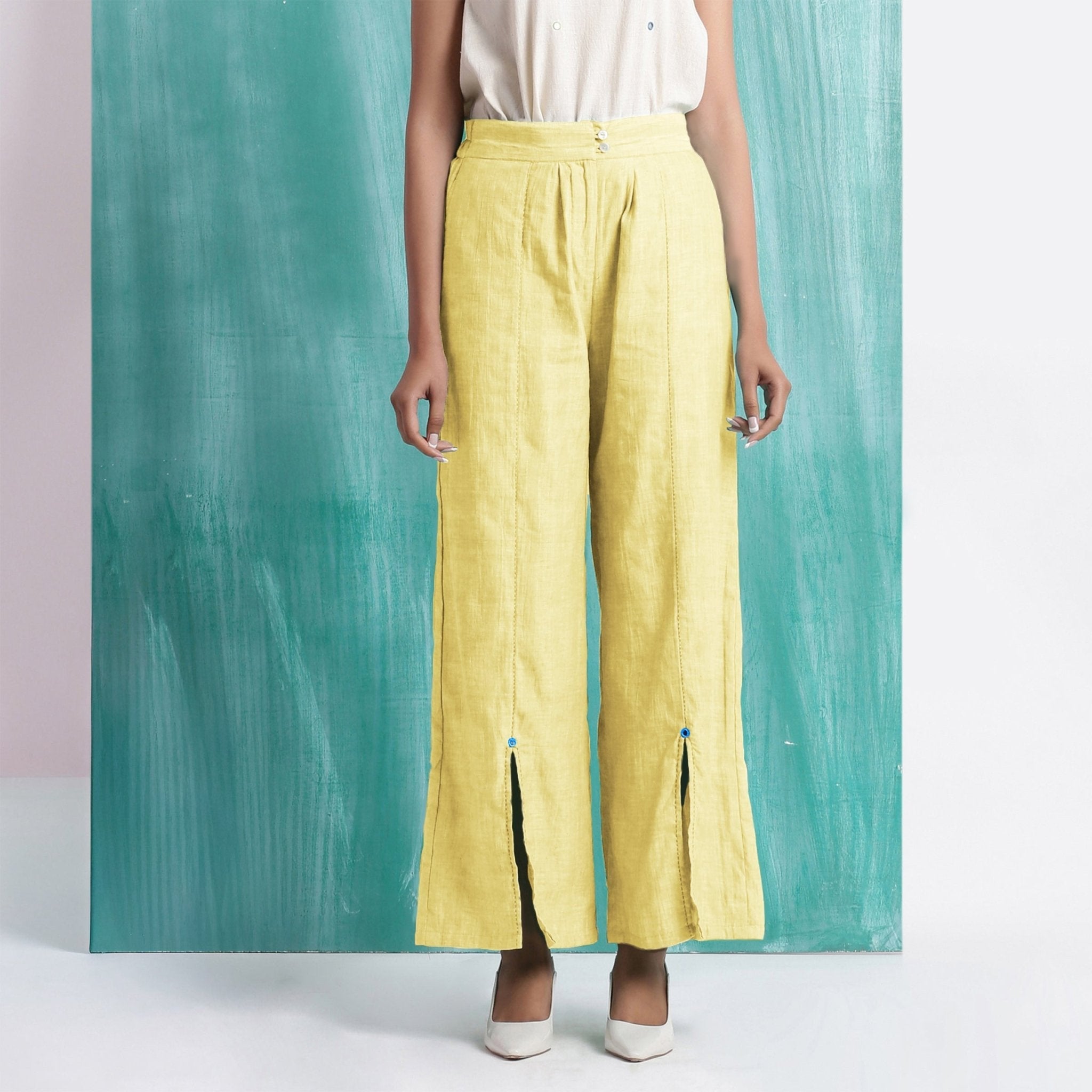 Light Yellow Handspun Cotton Elasticated Mid-Rise Wide Legged Pant