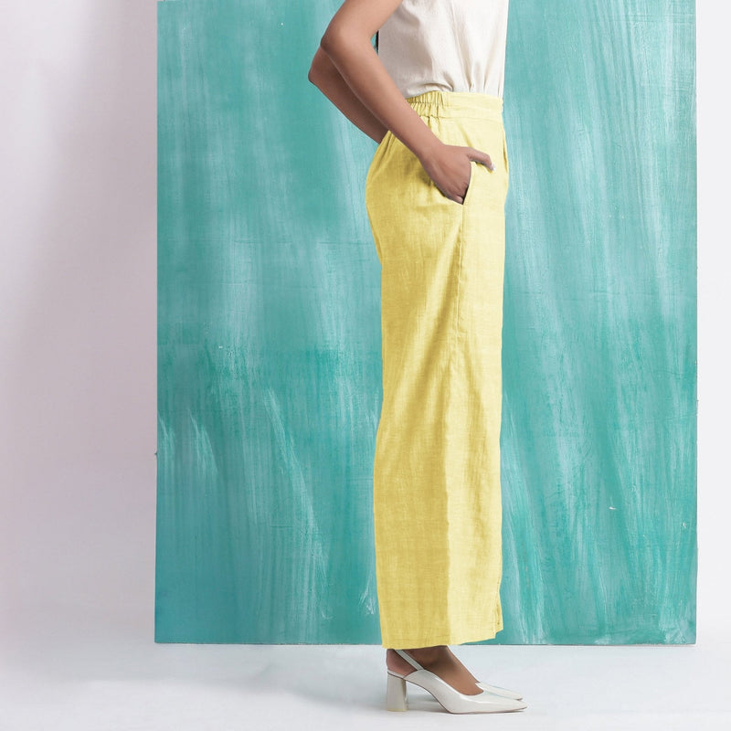 Light Yellow Handspun Cotton Elasticated Mid-Rise Wide Legged Pant