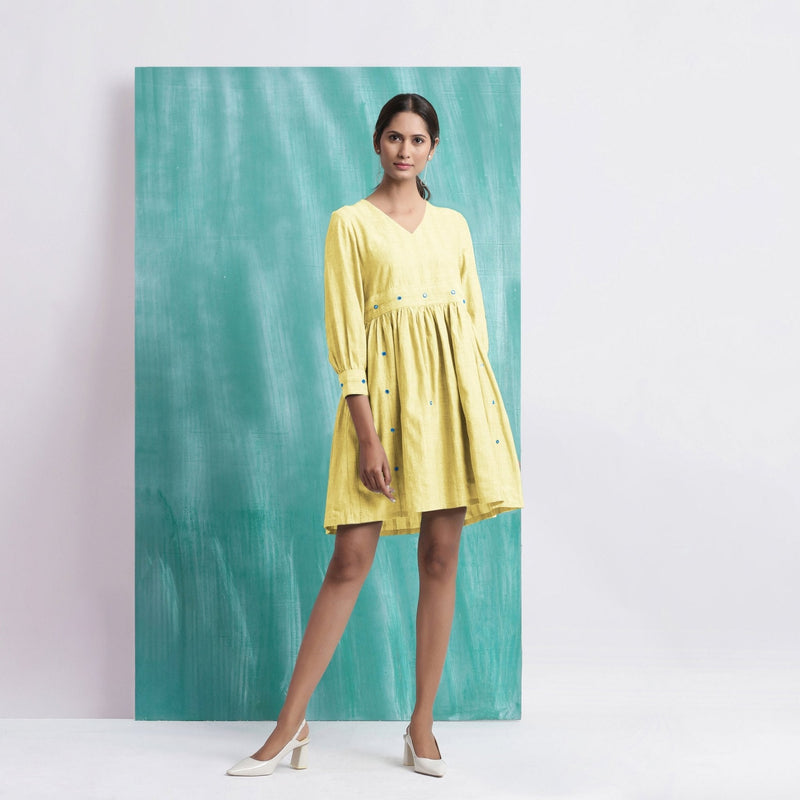Light Yellow Handspun Cotton V-Neck Gathered Short Dress
