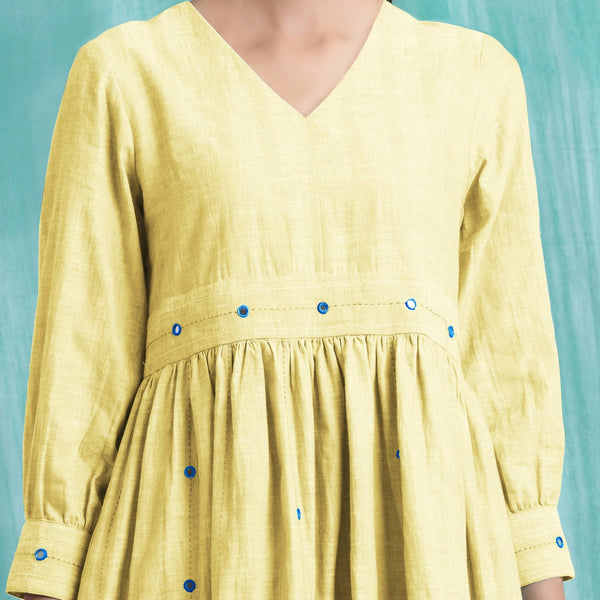 Light Yellow Handspun Cotton V-Neck Gathered Short Dress