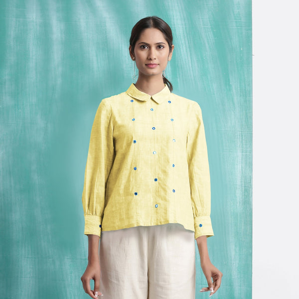 Light Yellow Mirror Work Handspun Cotton Blouse Top