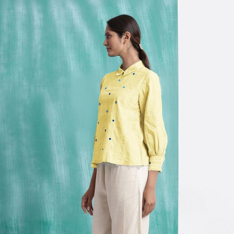 Light Yellow Mirror Work Handspun Cotton Blouse Top
