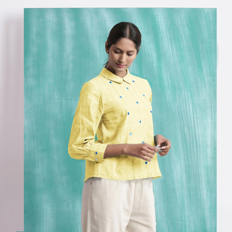 Light Yellow Mirror Work Handspun Cotton Blouse Top