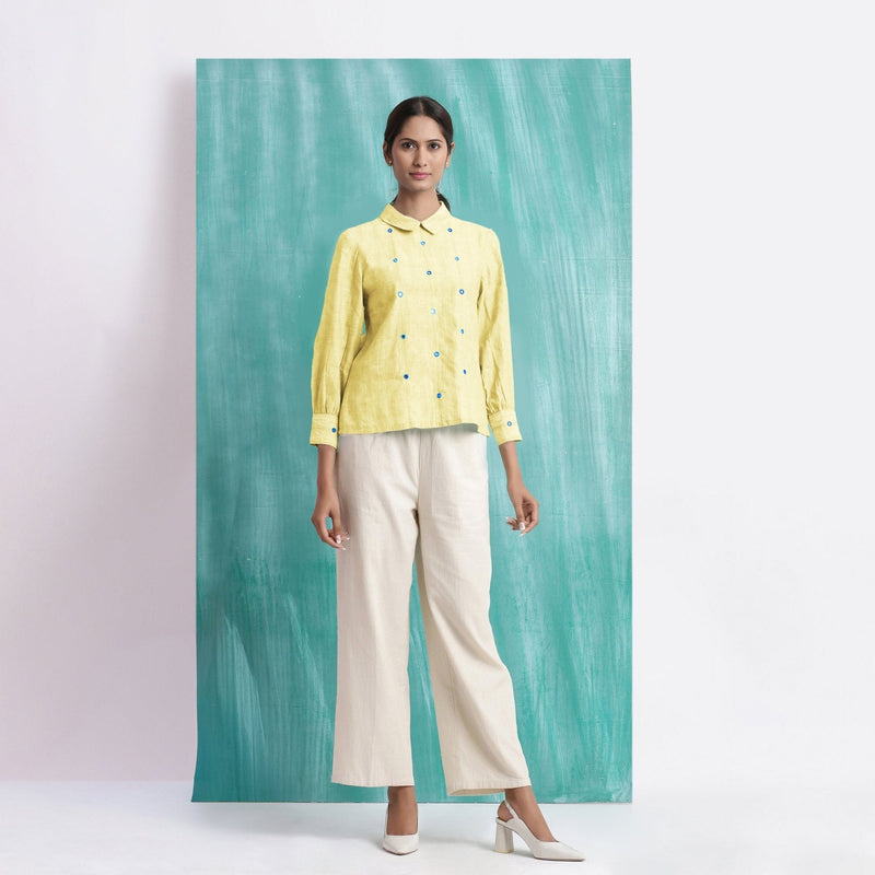 Light Yellow Mirror Work Handspun Cotton Blouse Top