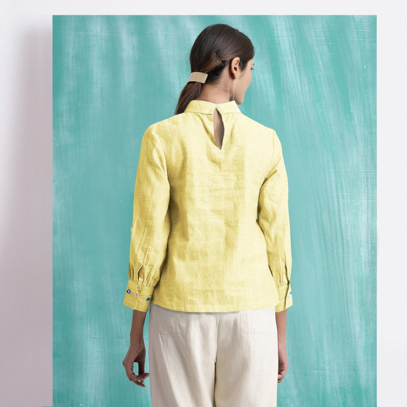 Light Yellow Mirror Work Handspun Cotton Blouse Top