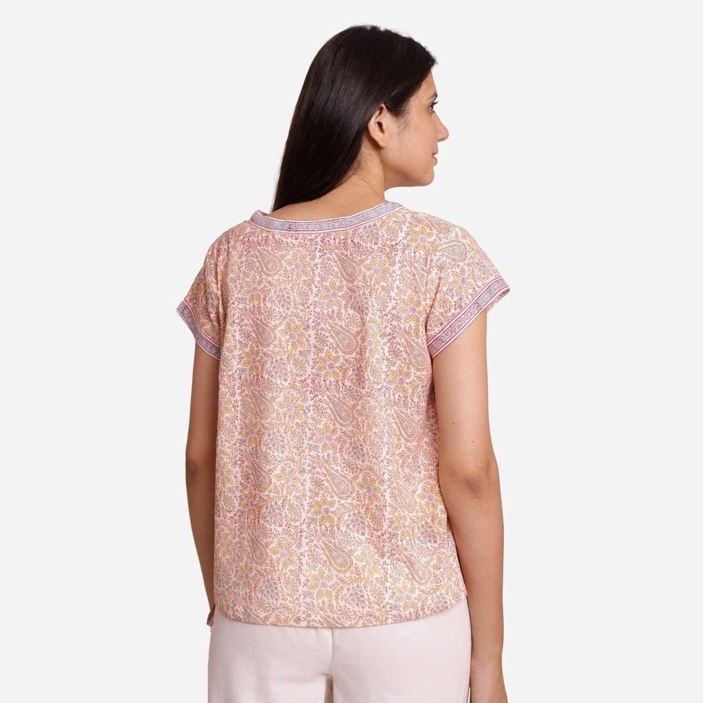 Back View of a Model wearing Straight Sanganeri Block Printed Top
