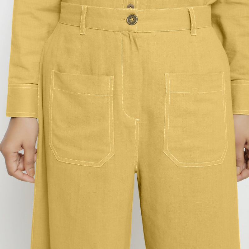 Front Detail of a Model wearing Light Yellow Patch Pocket Straight Fit Pant