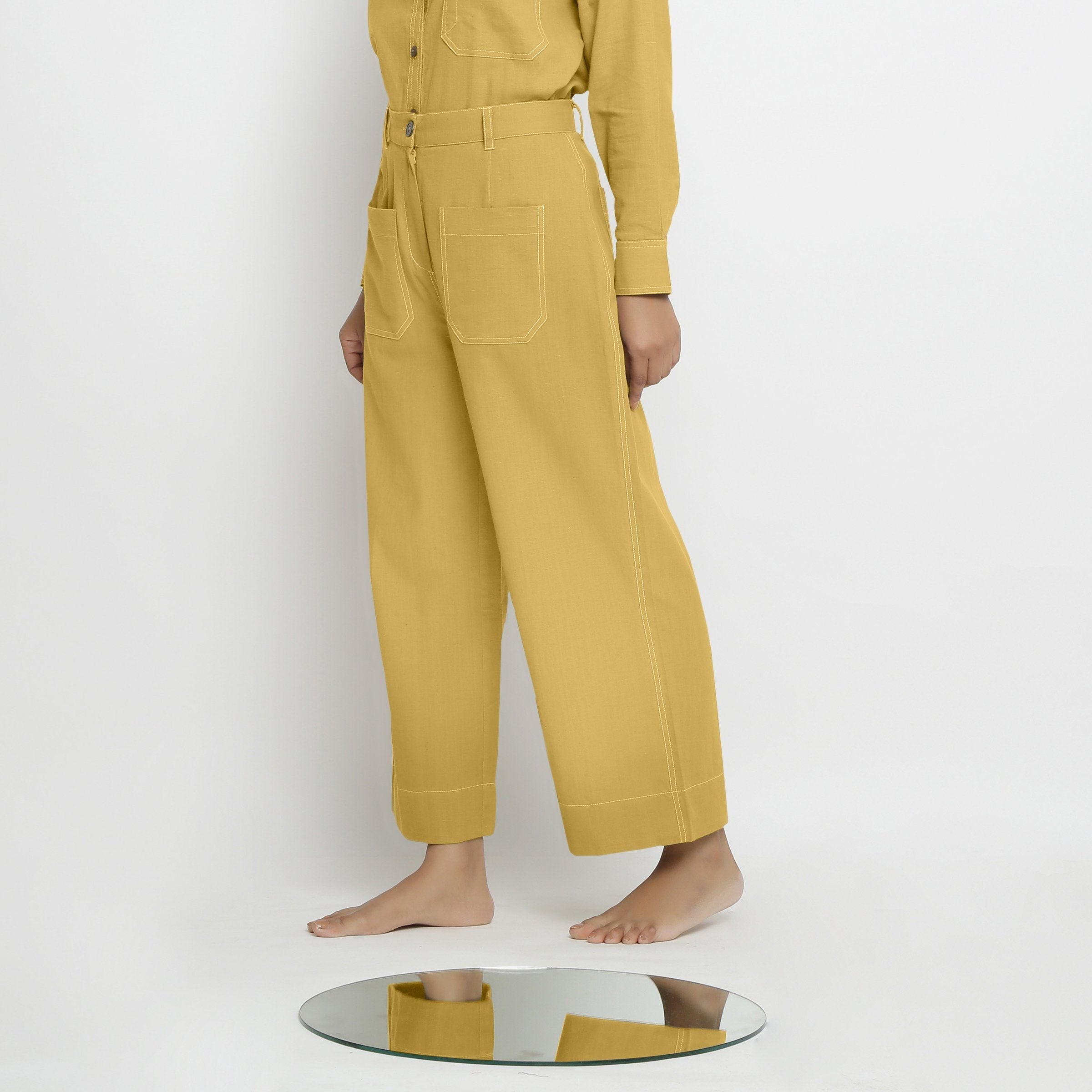 Left View of a Model wearing Light Yellow Patch Pocket Straight Fit Pant