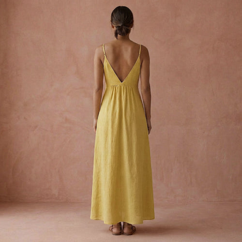 Light Yellow Yarn-Dyed Cotton Deep V-Neck Cami Maxi Dress