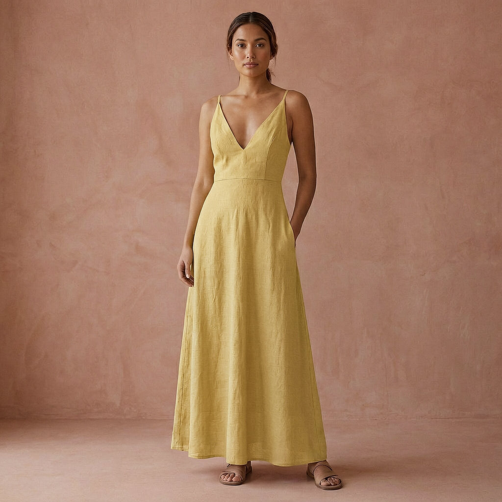 Light Yellow Yarn-Dyed Cotton Deep V-Neck Cami Maxi Dress