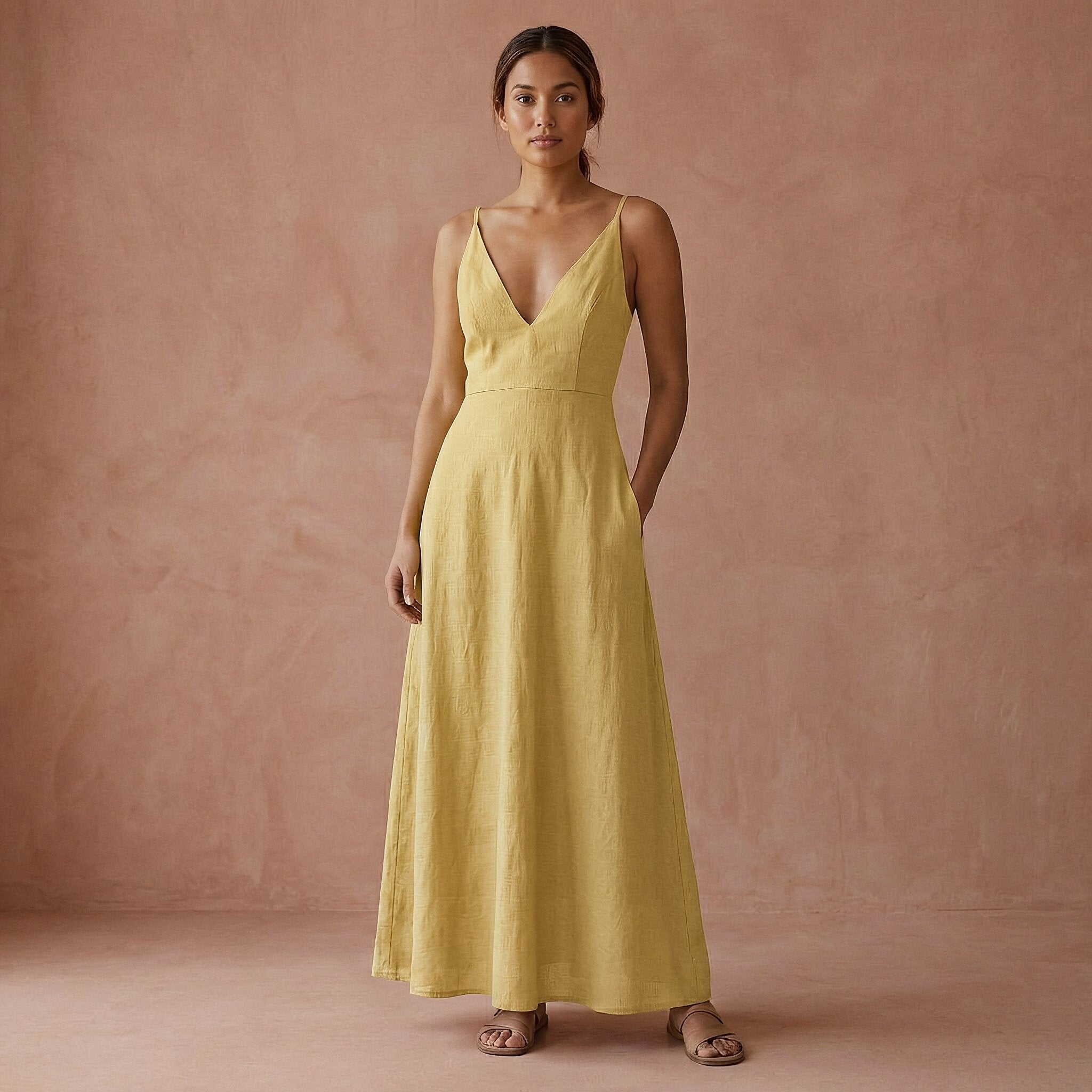 Light Yellow Yarn-Dyed Cotton Deep V-Neck Cami Maxi Dress