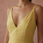 Light Yellow Yarn-Dyed Cotton Deep V-Neck Cami Maxi Dress