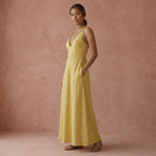 Light Yellow Yarn-Dyed Cotton Deep V-Neck Cami Maxi Dress