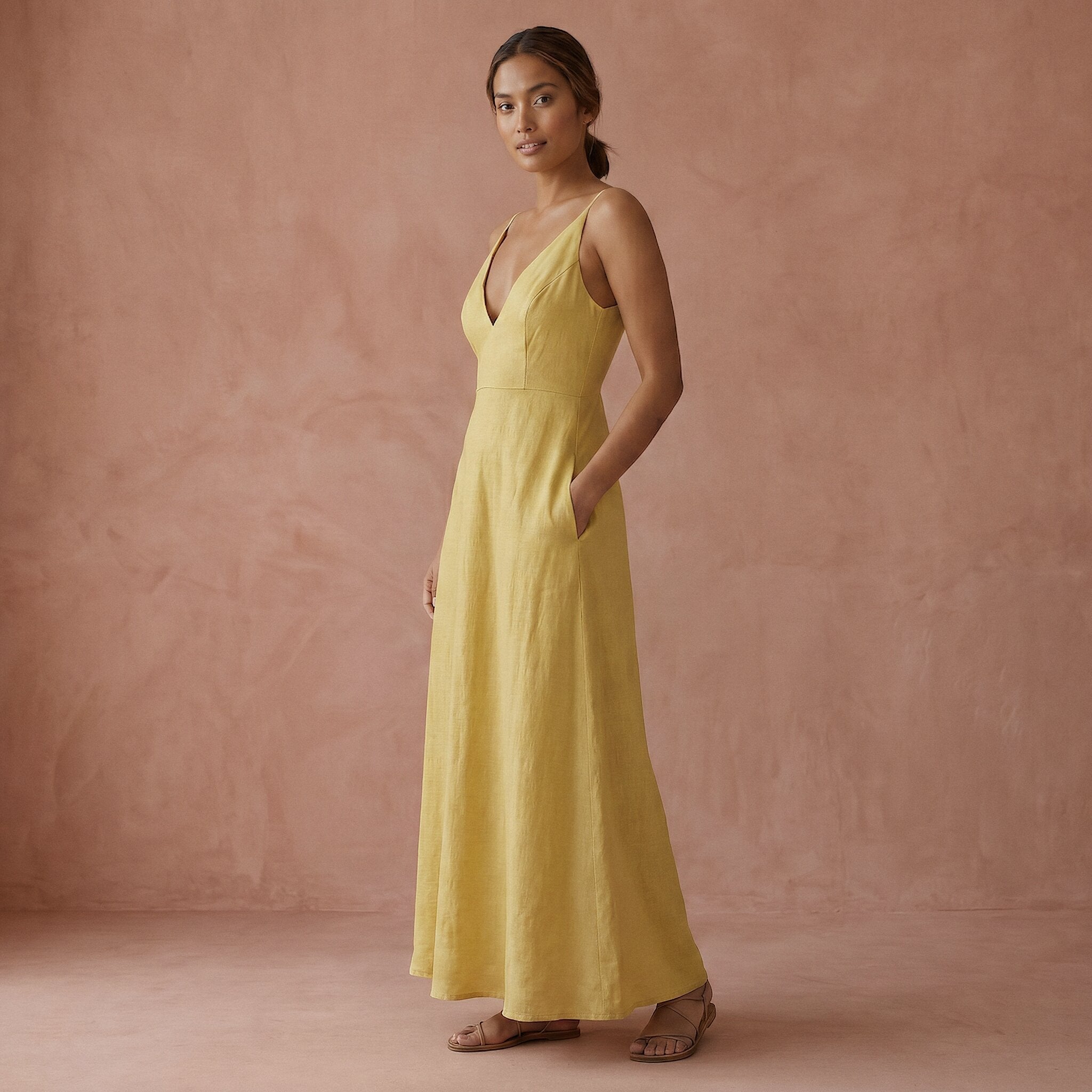 Light Yellow Yarn-Dyed Cotton Deep V-Neck Cami Maxi Dress