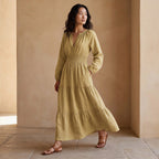 Light Yellow Yarn-Dyed Cotton Fit and Flare Maxi Tier Dress