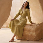 Light Yellow Yarn-Dyed Cotton Fit and Flare Maxi Tier Dress