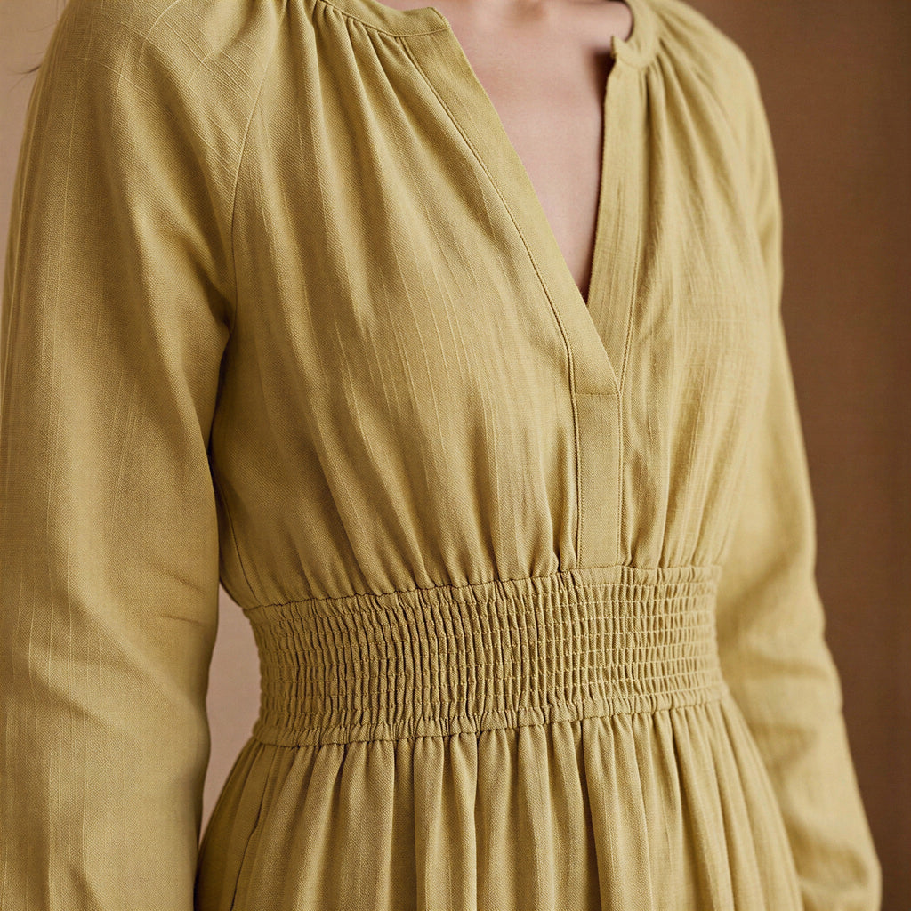 Light Yellow Yarn-Dyed Cotton Fit and Flare Maxi Tier Dress