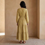 Light Yellow Yarn-Dyed Cotton Fit and Flare Maxi Tier Dress