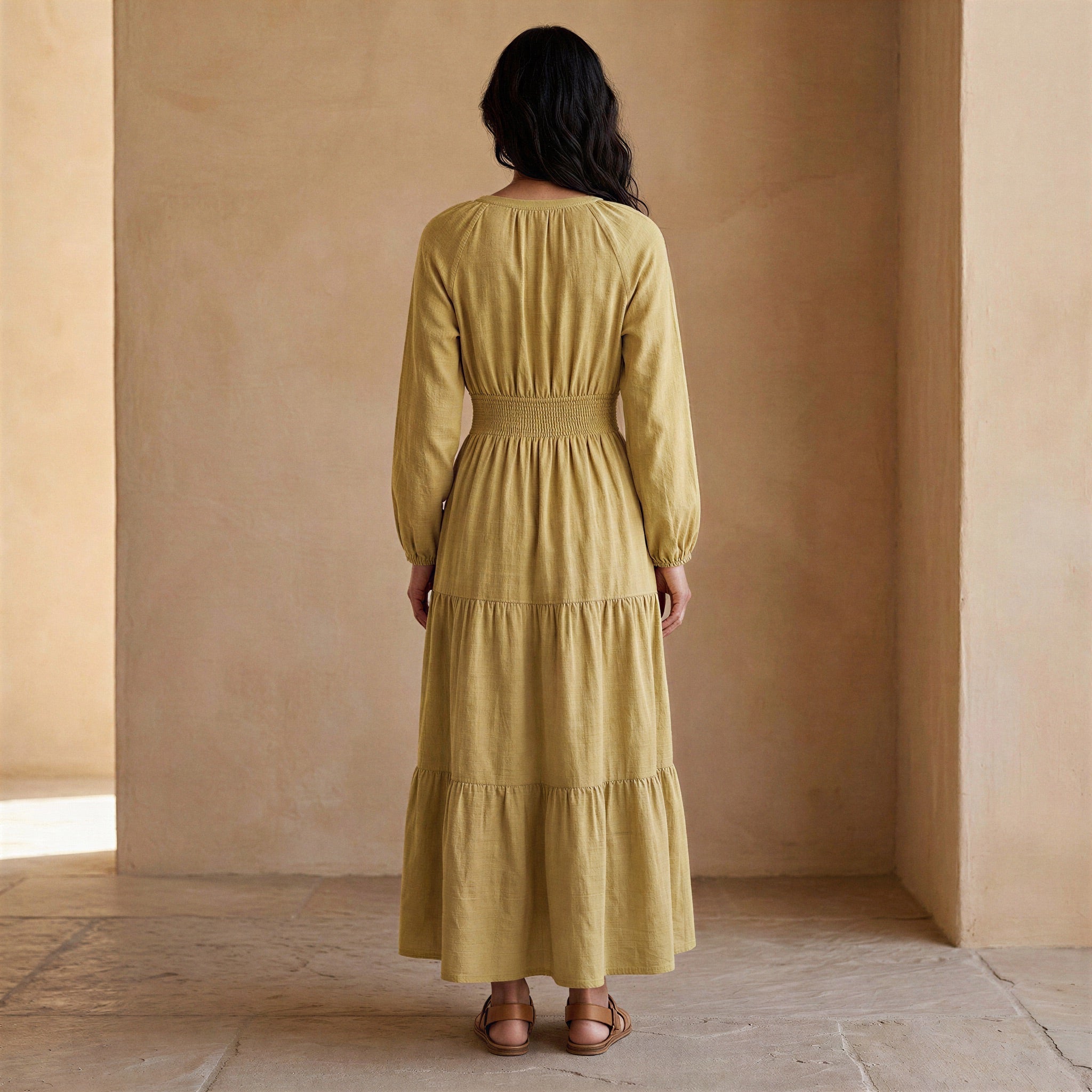 Light Yellow Yarn-Dyed Cotton Fit and Flare Maxi Tier Dress