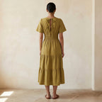 Light Yellow Yarn-Dyed Cotton Flutter Sleeve Tie-Back Tiered Midi Dress