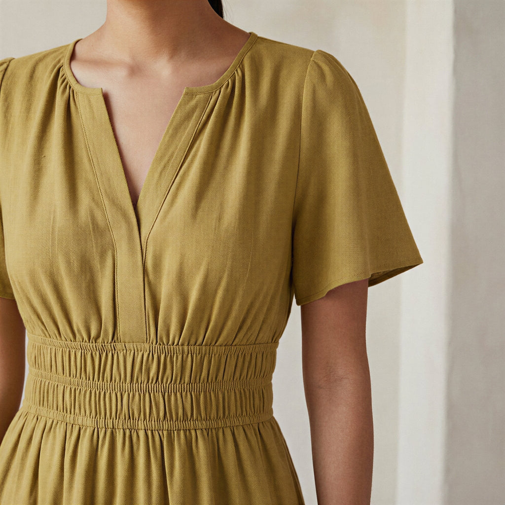 Light Yellow Yarn-Dyed Cotton Flutter Sleeve Tie-Back Tiered Midi Dress