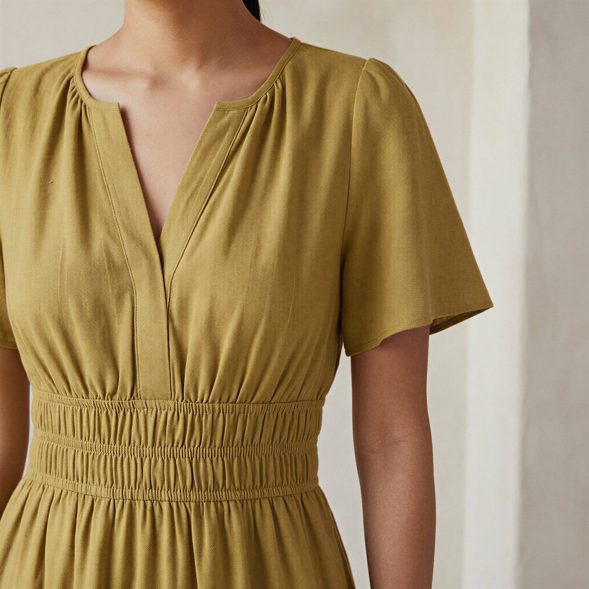 Light Yellow Yarn-Dyed Cotton Flutter Sleeve Tie-Back Tiered Midi Dress