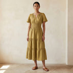 Light Yellow Yarn-Dyed Cotton Flutter Sleeve Tie-Back Tiered Midi Dress
