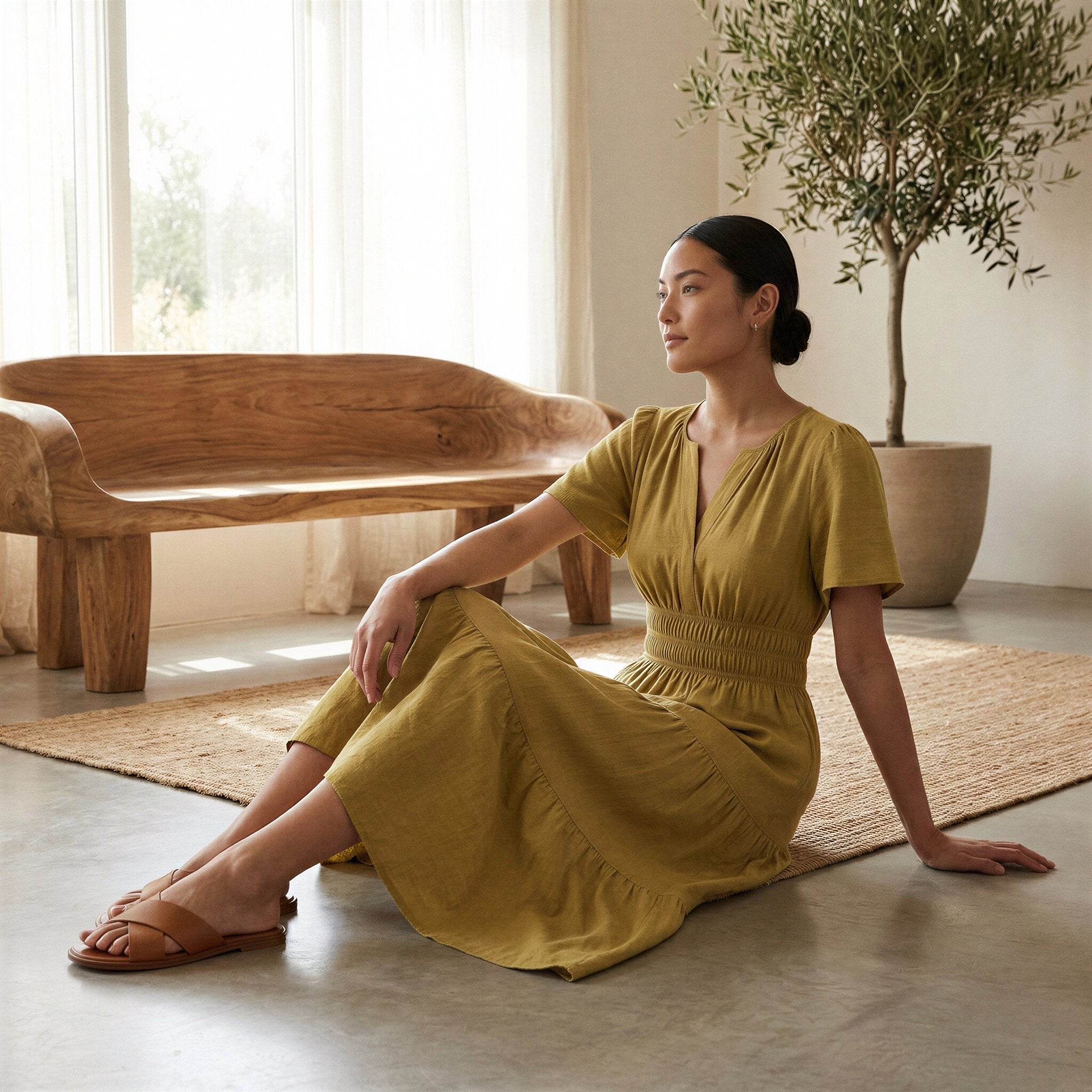 Light Yellow Yarn-Dyed Cotton Flutter Sleeve Tie-Back Tiered Midi Dress