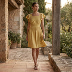 Light Yellow Yarn-Dyed Cotton Open-Back Fit and Flare Knee Length Dress