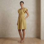 Light Yellow Yarn-Dyed Cotton Open-Back Fit and Flare Knee Length Dress