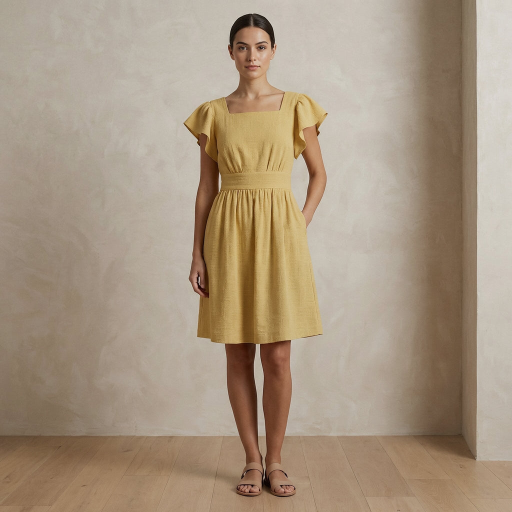 Light Yellow Yarn-Dyed Cotton Open-Back Fit and Flare Knee Length Dress