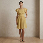 Light Yellow Yarn-Dyed Cotton Open-Back Fit and Flare Knee Length Dress