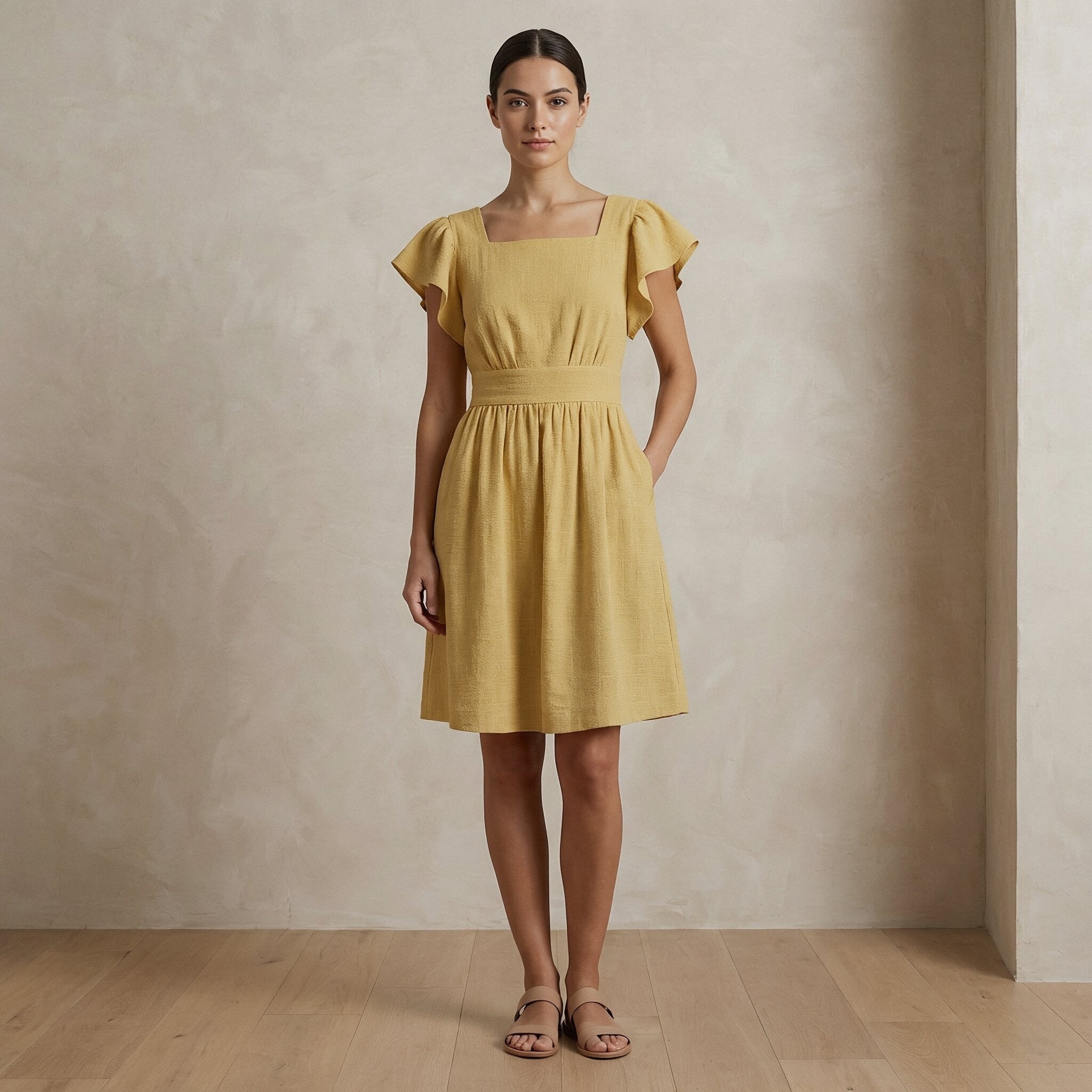 Light Yellow Yarn-Dyed Cotton Open-Back Fit and Flare Knee Length Dress