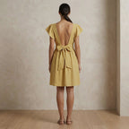 Light Yellow Yarn-Dyed Cotton Open-Back Fit and Flare Knee Length Dress