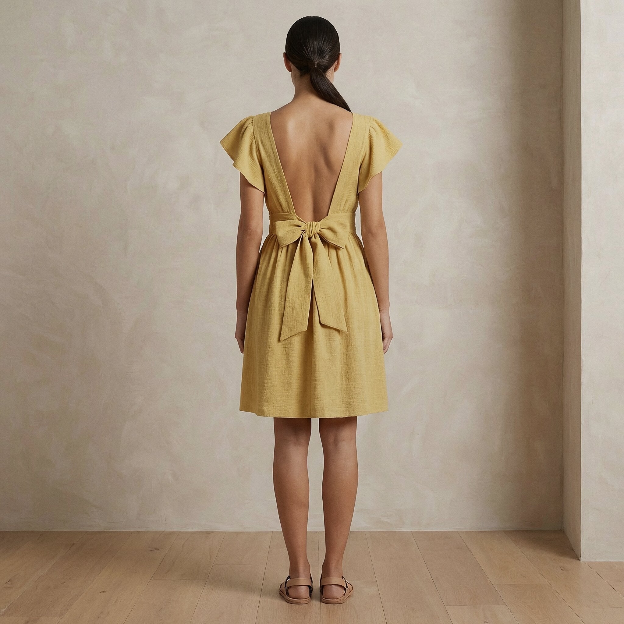 Light Yellow Yarn-Dyed Cotton Open-Back Fit and Flare Knee Length Dress