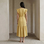 Light Yellow Yarn-Dyed Cotton Ruffle Midi Wrap Dress